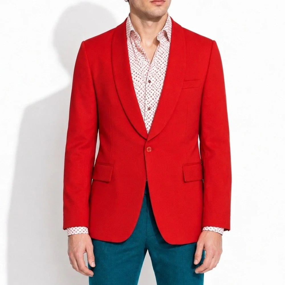 90s Vintage Bill Blass Red Blazer Mens 40R Shawl Lapel 1 Button Formal Jacket